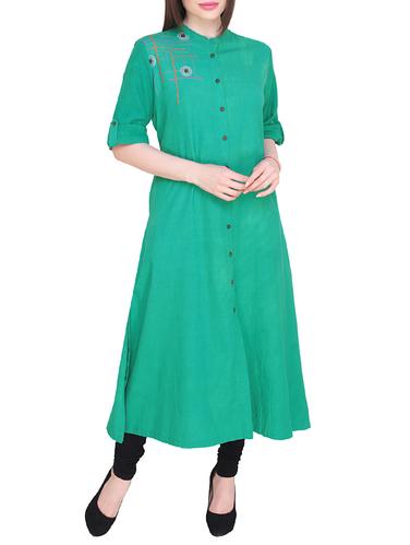 green cotton solid kurta - 15013754 - Very Small Image - 1