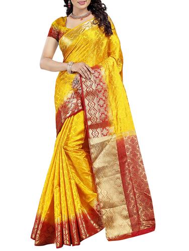yellow art silk woven saree with blouse - 15013780 - Very Small Image - 1