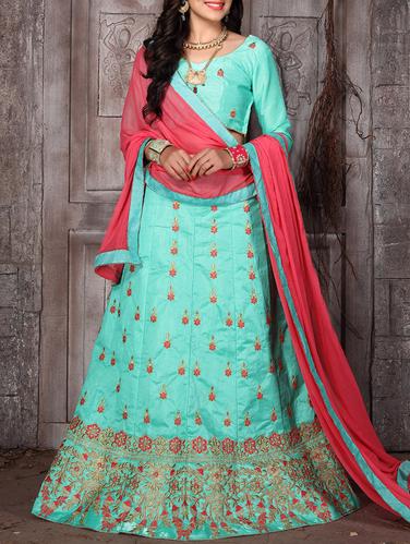 sky blue satin panelled lehenga - 15014057 - Very Small Image - 1