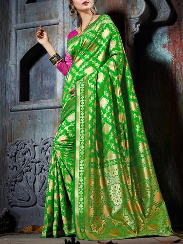 green cotton silk woven saree with blouse - 15014268 - Very Small Image - 1