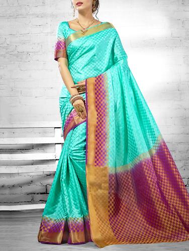 turquoise silk woven saree with blouse - 15014276 - Very Small Image - 1