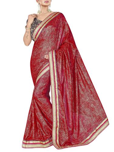 red georgette printed saree with blouse - 15014286 - Very Small Image - 1