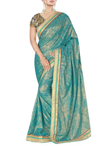 turquoise georgette printed saree with blouse - 15014290 - Very Small Image - 1
