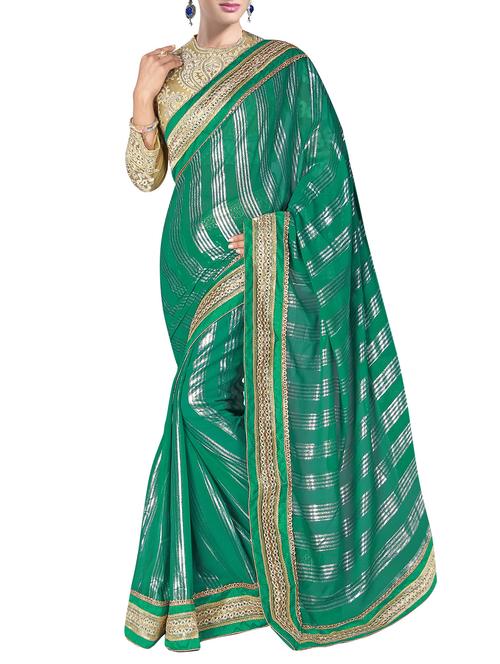 green georgette printed saree with blouse - 15014302 - Very Small Image - 1