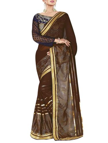 brown georgette printed saree with blouse - 15014333 - Very Small Image - 1