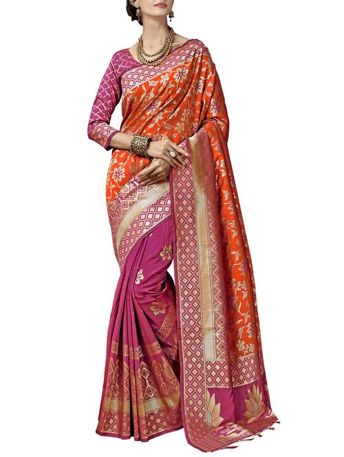 orange cotton silk woven saree with blouse - 15014343 - Very Small Image - 1
