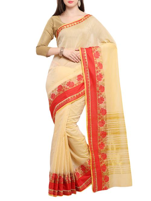 beige cotton silk bordered saree with blouse - 15014348 - Standard Image - 1