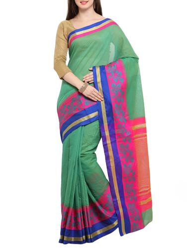 green cotton silk bordered saree with blouse - 15014349 - Very Small Image - 1