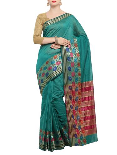 green cotton silk bordered saree with blouse - 15014352 - Very Small Image - 1