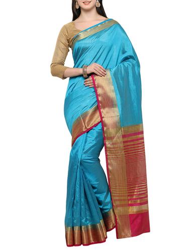blue cotton silk bordered saree with blouse - 15014391 - Very Small Image - 1