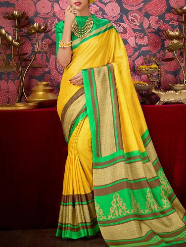 yellow khadi bordered saree with blouse - 15014422 - Very Small Image - 1