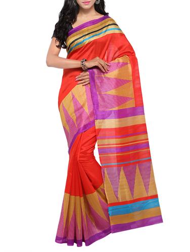 red silk blend printed saree with blouse - 15014428 - Very Small Image - 1
