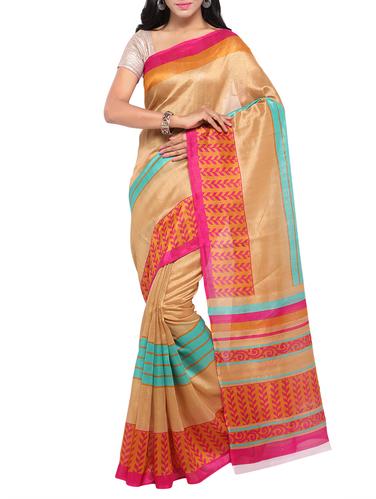 beige silk blend printed saree with blouse - 15014430 - Very Small Image - 1