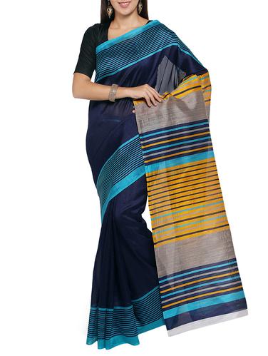 blue silk blend printed saree with blouse - 15014431 - Very Small Image - 1