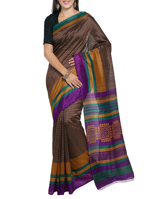 brown silk blend bordered saree with blouse - 15014437 - Standard Image - 1