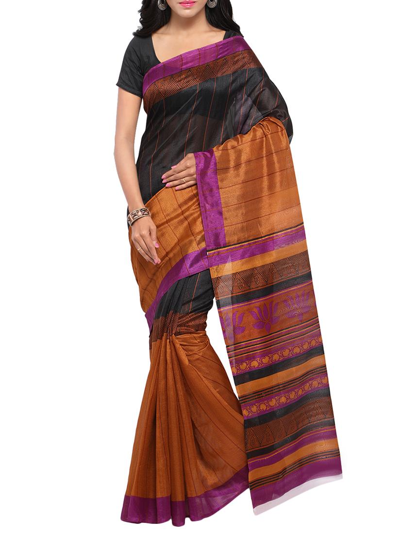 black silk blend printed saree with blouse - 15014442 - Zoom Image - 1