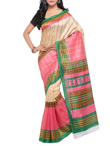 beige silk blend printed saree with blouse - 15014446 - Very Small Image - 1