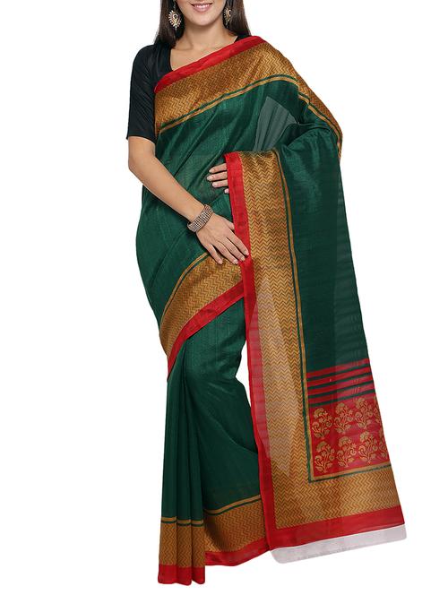 green silk blend bordered saree with blouse - 15014448 - Standard Image - 1