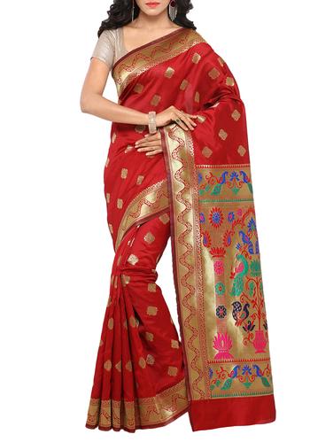 red cotton silk woven saree with blouse - 15014450 - Very Small Image - 1