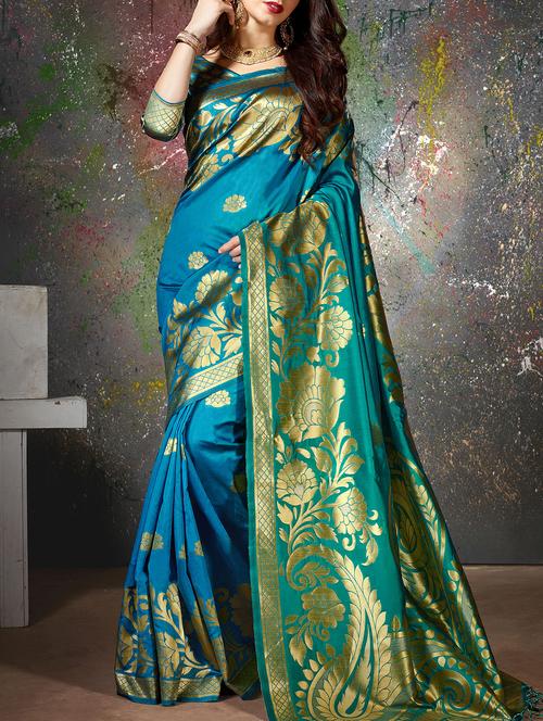 turquoise cotton silk woven saree with blouse - 15014451 - Standard Image - 1
