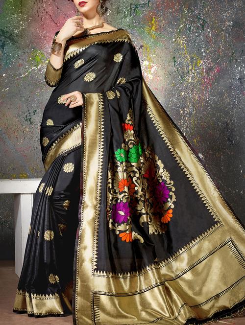 black cotton silk woven saree with blouse - 15014454 - Standard Image - 1