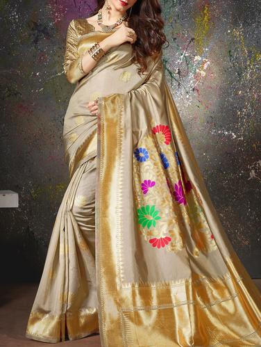 beige cotton silk woven saree with blouse - 15014456 - Very Small Image - 1