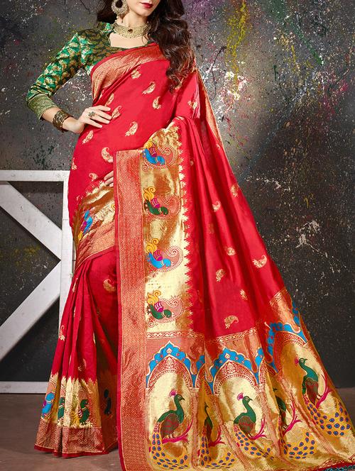red cotton silk woven saree with blouse - 15014457 - Standard Image - 1