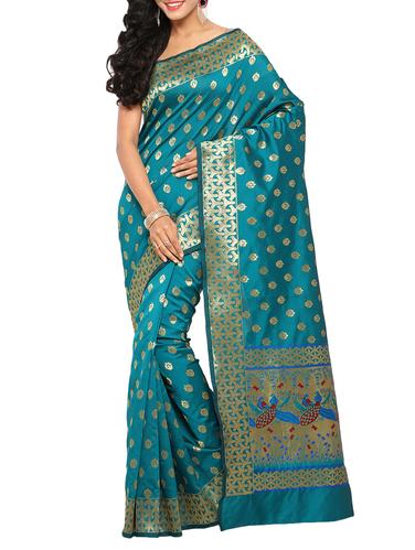 turquoise cotton silk woven saree with blouse - 15014460 - Very Small Image - 1