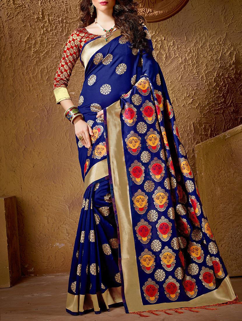 blue cotton silk woven saree with blouse - 15014485 - Zoom Image - 1