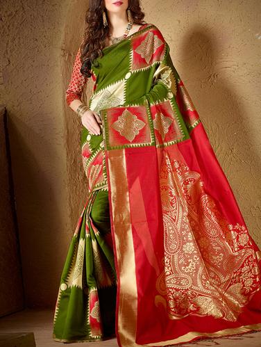 green cotton silk woven saree with blouse - 15014487 - Very Small Image - 1