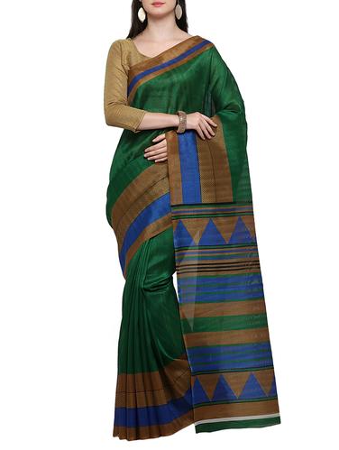 green silk blend printed saree with blouse - 15014500 - Very Small Image - 1