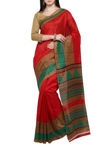 red silk blend printed saree with blouse - 15014505 - Very Small Image - 1