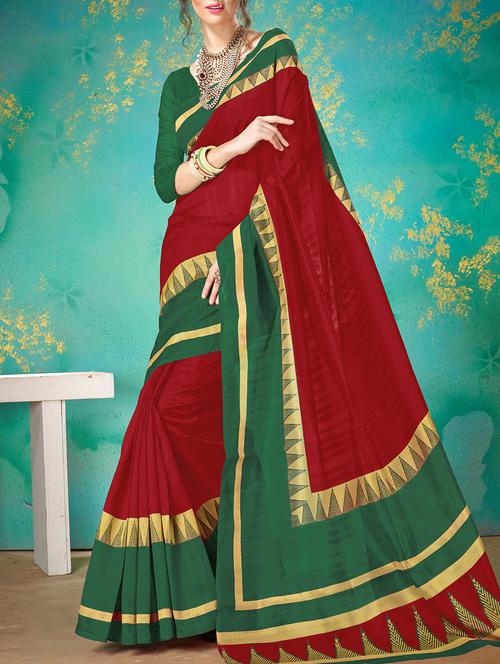red silk blend printed saree with blouse - 15014509 - Standard Image - 1