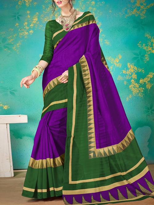 purple silk blend printed saree with blouse - 15014510 - Standard Image - 1