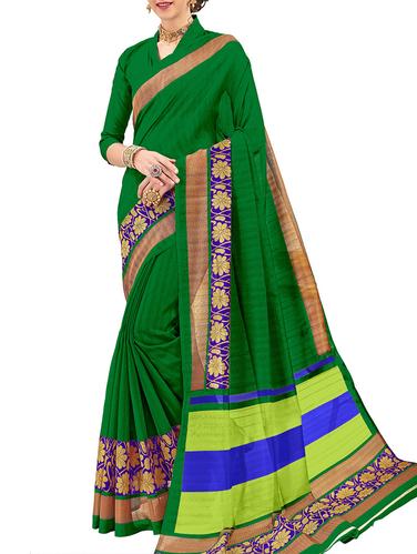 green silk blend bordered saree with blouse - 15014516 - Very Small Image - 1