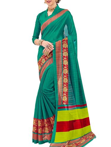 turquoise silk blend bordered saree with blouse - 15014517 - Very Small Image - 1