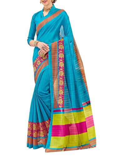 blue silk blend bordered saree with blouse - 15014520 - Very Small Image - 1