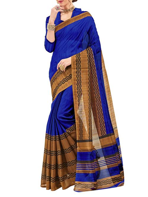 blue cotton silk printed saree with blouse - 15014526 - Very Small Image - 1