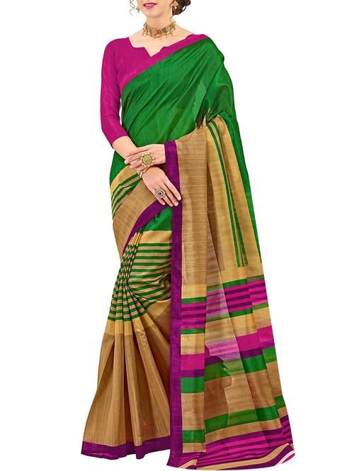 green cotton silk printed saree with blouse - 15014536 - Very Small Image - 1