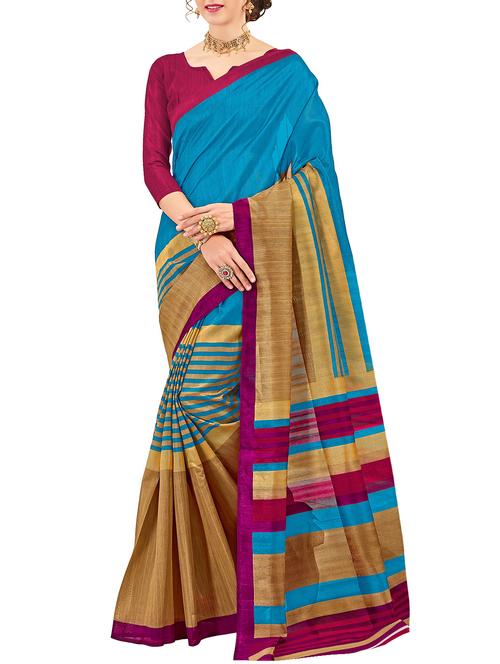 blue cotton silk printed saree with blouse - 15014537 - Standard Image - 1