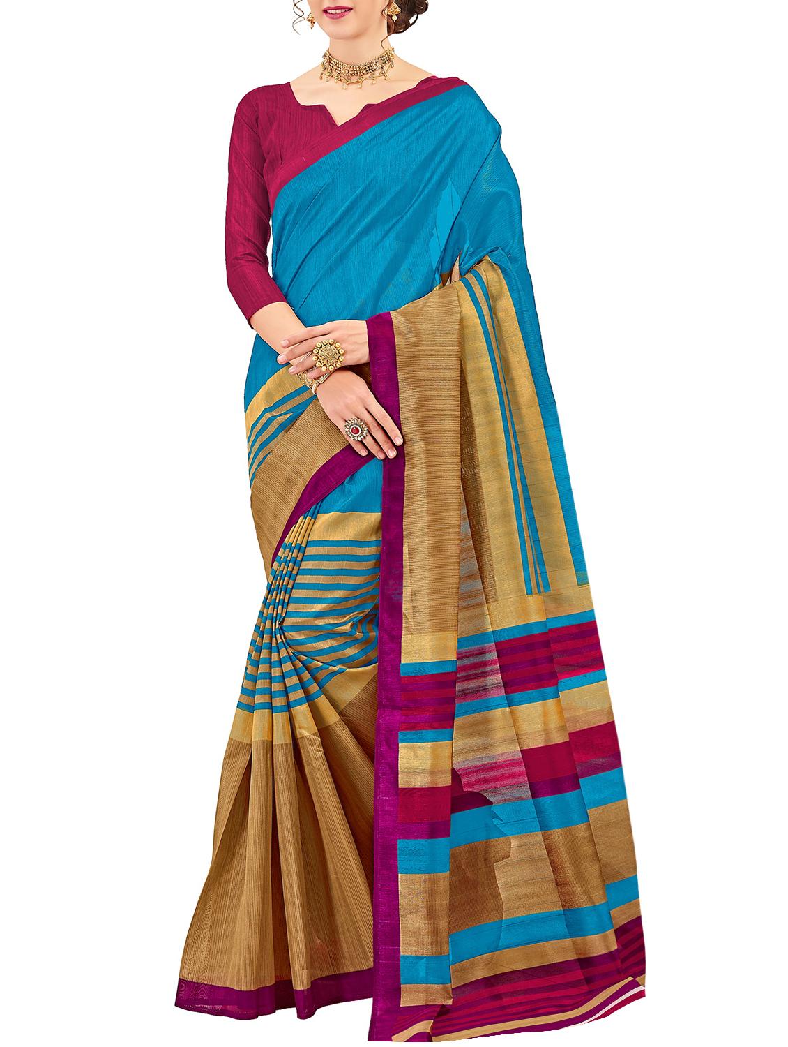 blue cotton silk printed saree with blouse - 15014537 - Zoom Image - 1