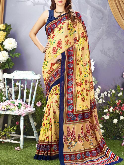 yellow georgette printed saree with blouse - 15014547 - Standard Image - 1