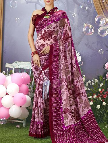 purple georgette printed saree with blouse - 15014550 - Very Small Image - 1