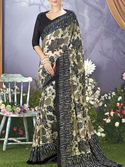 grey georgette printed saree with blouse - 15014551 - Very Small Image - 1
