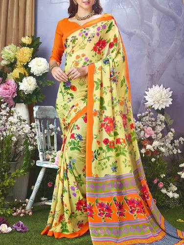 yellow georgette printed saree with blouse - 15014552 - Very Small Image - 1