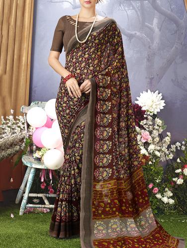 brown georgette printed saree with blouse - 15014555 - Very Small Image - 1