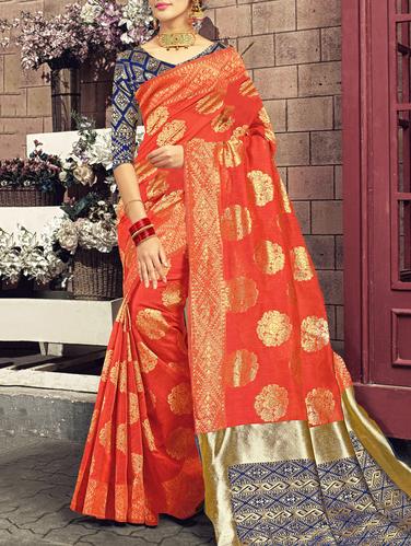 orange silk woven saree with blouse - 15014561 - Very Small Image - 1