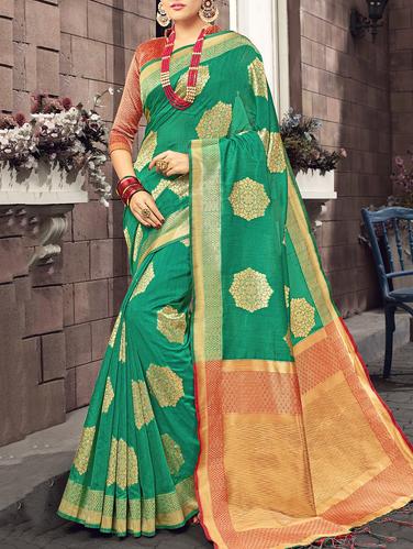 green silk woven saree with blouse - 15014563 - Very Small Image - 1