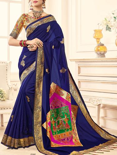 blue silk printed saree with blouse - 15014573 - Very Small Image - 1