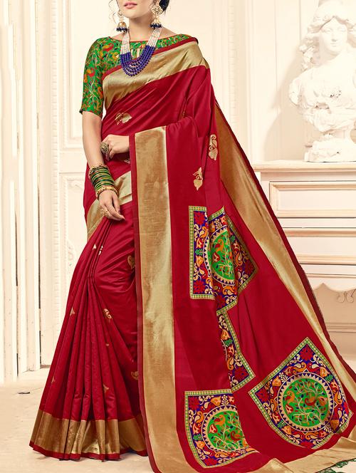 red silk printed saree with blouse - 15014575 - Standard Image - 1